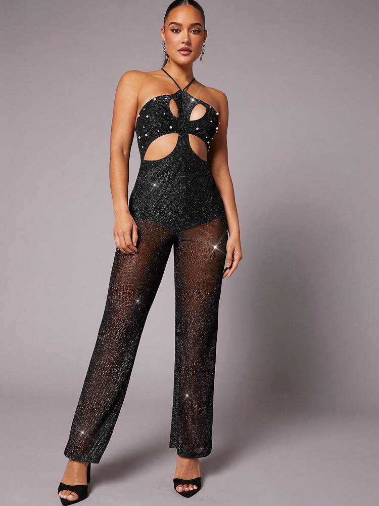 Cut Out Glitter Faux Pearl Jumpsuit