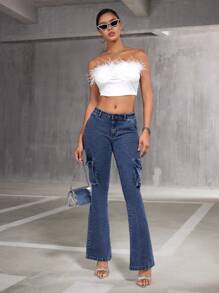 SHEIN BAE 女士貨櫃風口袋喇叭褲 - 藍色 - 查看 5