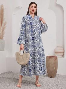 Al Najma Printed Notched Hemline Modest Long Sleeve Dress