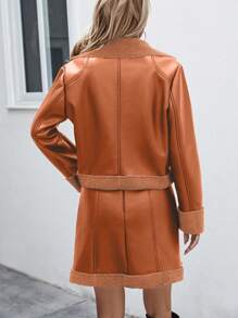 SHEIN Clasi Teddy Bear Decorated Button Up Jacket And Strapless Dress Set - Orange - View 2