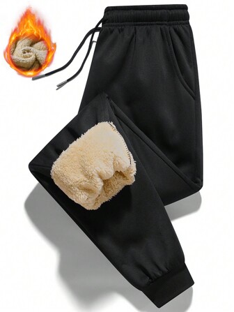 Men's Thermal Lined Warm Front Tie Up Pocket Casual Pants, Everyday Wear, For Fall Winter
