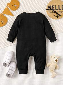 嬰兒和兒童休閒用肋紋針織可愛熊刺繡圖案連身衣,適用於春季、秋季和冬季 - 黑色 - 查看 2