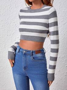 SHEIN Essnce 女性條紋長袖毛衣 - 灰色 - 查看 4