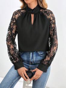 SHEIN Tall Ladies' Lace Splicing Hollow Out Blouse - Black - View 1