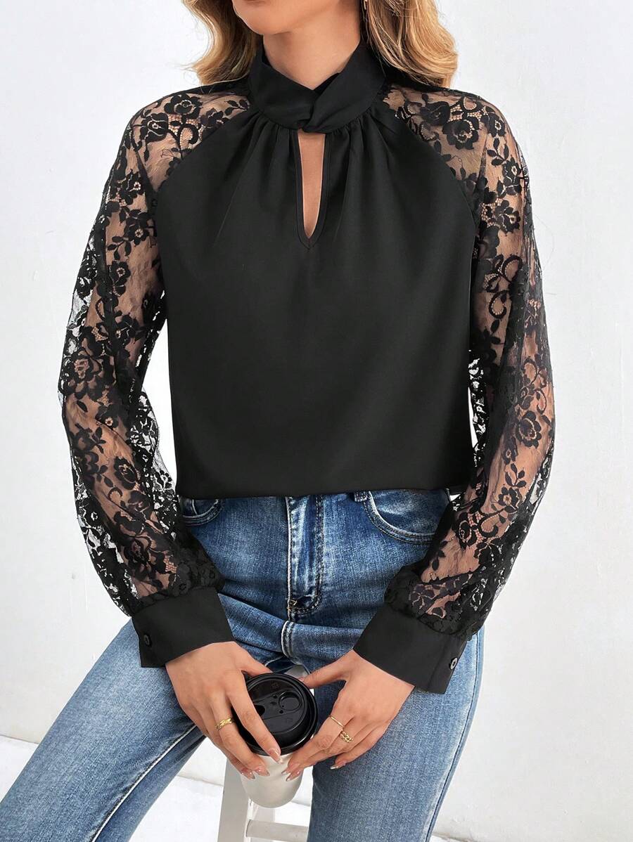 SHEIN Tall Ladies' Lace Splicing Hollow Out Blouse - Black - View 1