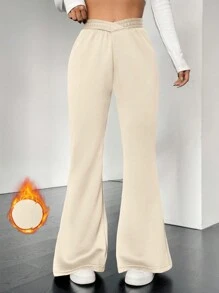 SHEIN Essnce Solid Color Flared Pants With Thermal Lined - Apricot - View 1