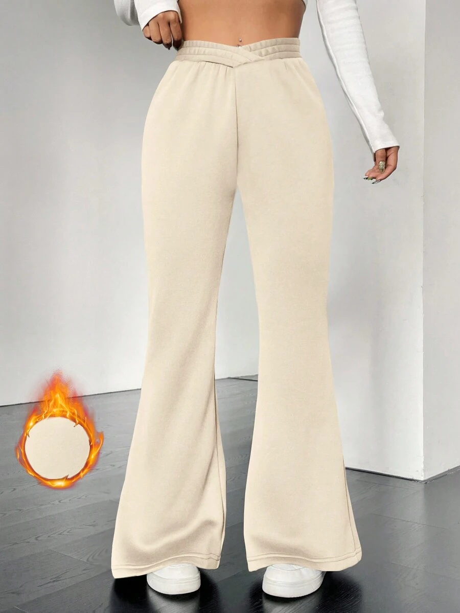 SHEIN Essnce Solid Color Flared Pants With Thermal Lined - Apricot - View 1