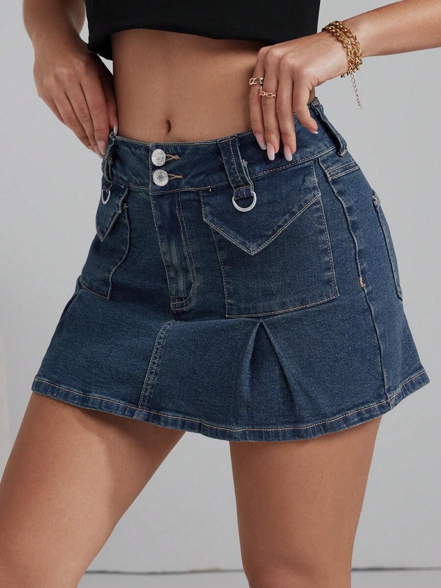 SHEIN EZwear 女款百褶牛仔裙 - 藍色 - 查看 1