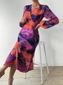 Chiquease Vestido De Manga Farol Con Cuello Cruzado Y Estampado Completo - Rosa Fucsia - Ver 5
