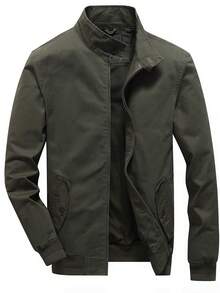Men's Solid Color Zipper Front Jacket - Army Green - View 1