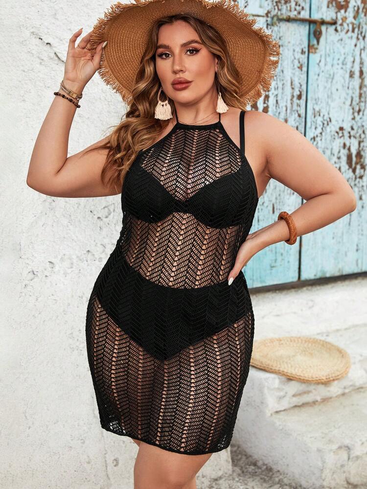 Plus Size Women's Hollow Out Halter Neck Cover-Up Dress Music Festival Summer