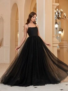 SHEIN Belle 女士长款网眼撞色细肩带正式晚礼服（重磅款式）黑色优雅舞会婚礼宾客礼服，适合毕业典礼、晚宴