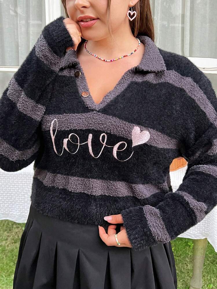 Plus Size Women's Striped Sweater With Letter And Heart Embroidery, Pullover