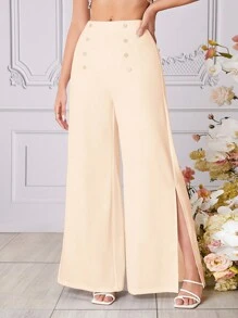 SHEIN Privé Women's Solid Wide Leg Split Pants - Apricot - View 1