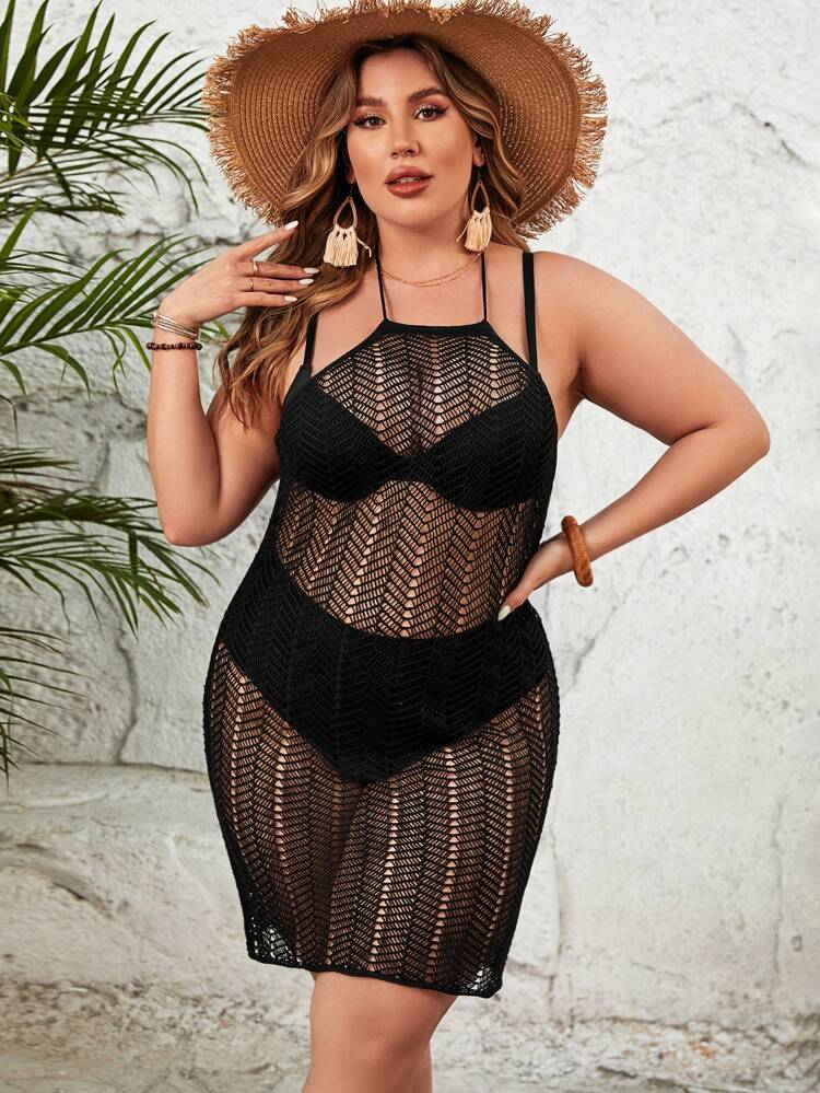 Plus Size Women's Hollow Out Halter Neck Cover-Up Dress Music Festival Summer