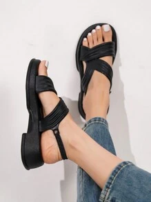 女士坡跟厚底露趾凉鞋，系带 - 黑色 - 查看 1