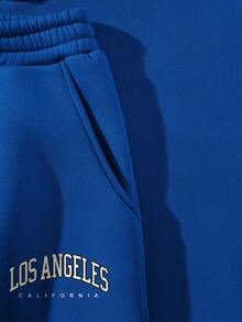 SHEIN Unity 女士字母印花連帽毛絨裏層套裝運動衣褲 - 藍色 - 查看 5