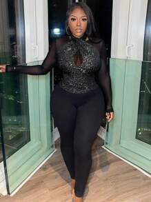 Slaydiva 閃亮網布拼接上衣 - 黑色 - 查看 5