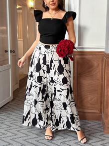 SHEIN Clasi Plus Size Solid Color Top And Printed Wide Leg Pants Set - Black and White - View 1