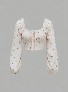 Sweetra Của phụ nữ In toàn bộ Trang trí ren Tay áo lồng đèn Áo sơ mi - trắng - Xem 1