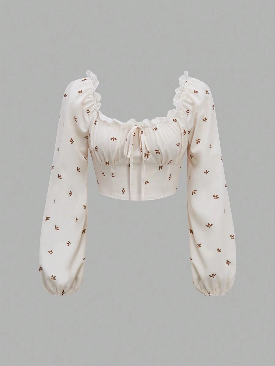 Sweetra Của phụ nữ In toàn bộ Trang trí ren Tay áo lồng đèn Áo sơ mi - trắng - Xem 1