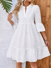 EMERY ROSE Women's White Hollow Embroidered Notch Collar Multi-Layer Split A-Hem Dress For Spring