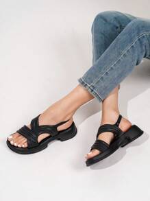 女士坡跟厚底露趾凉鞋，系带 - 黑色 - 查看 4