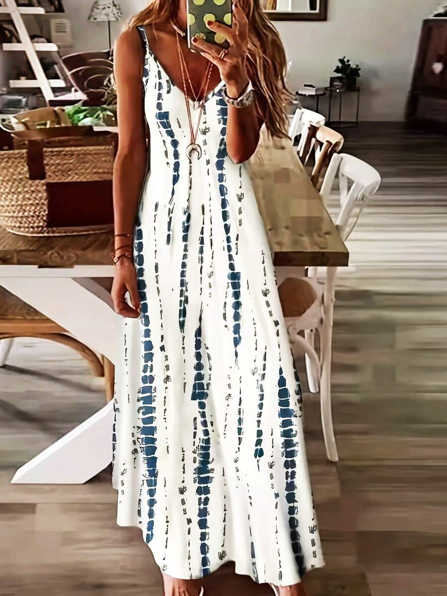 Tie Dye Printed Spaghetti Strap Dress - White - View 1