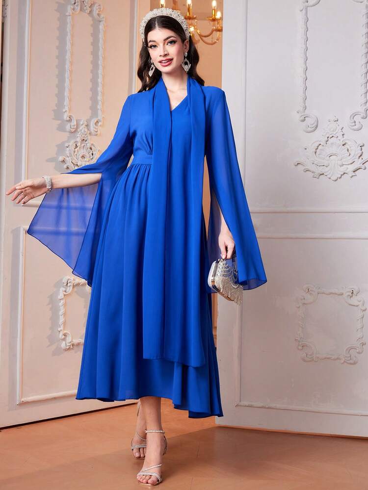 Women'S Solid Color Cape Sleeve Dress Long Evening Dresses Fall Cloth For Women