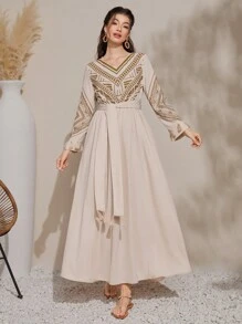 Al Najma Robe imprimée géométrique à manches longues pour femmes, robe Eid, modeste