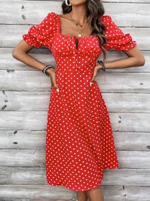 SHEIN VCAY 女士波點印花泡泡袖泡泡裙 - 紅色 - 查看 1