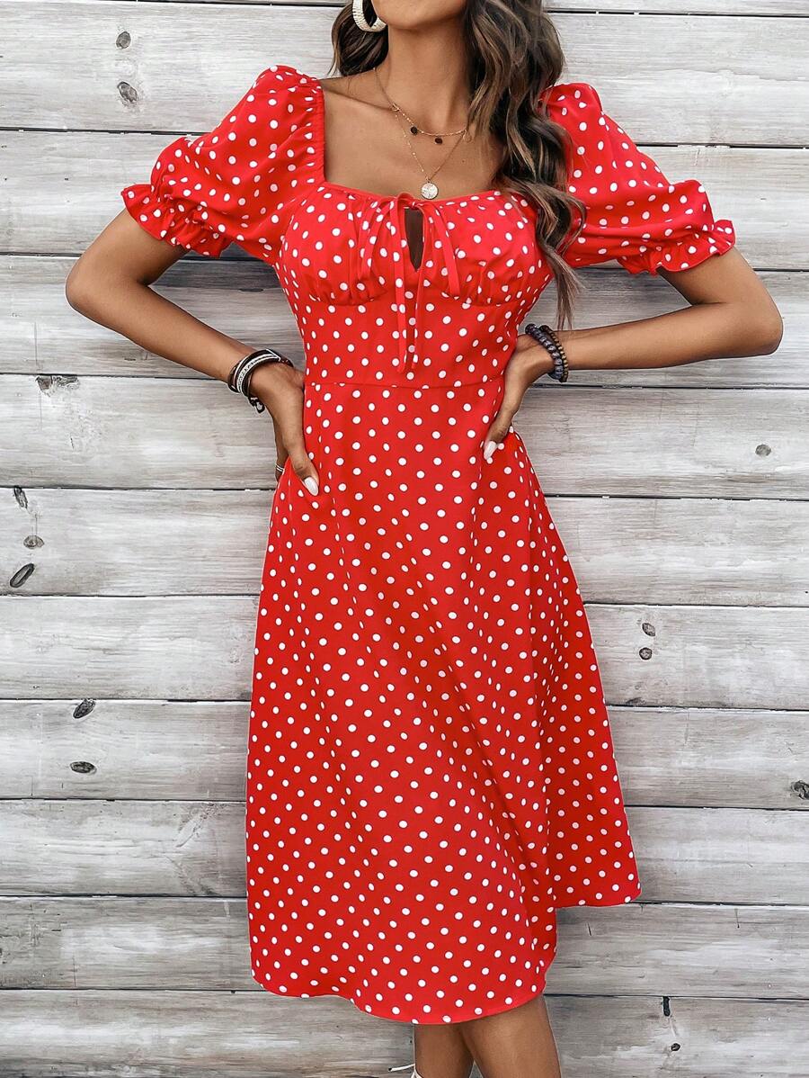 SHEIN VCAY 女士波點印花泡泡袖泡泡裙 - 紅色 - 查看 1