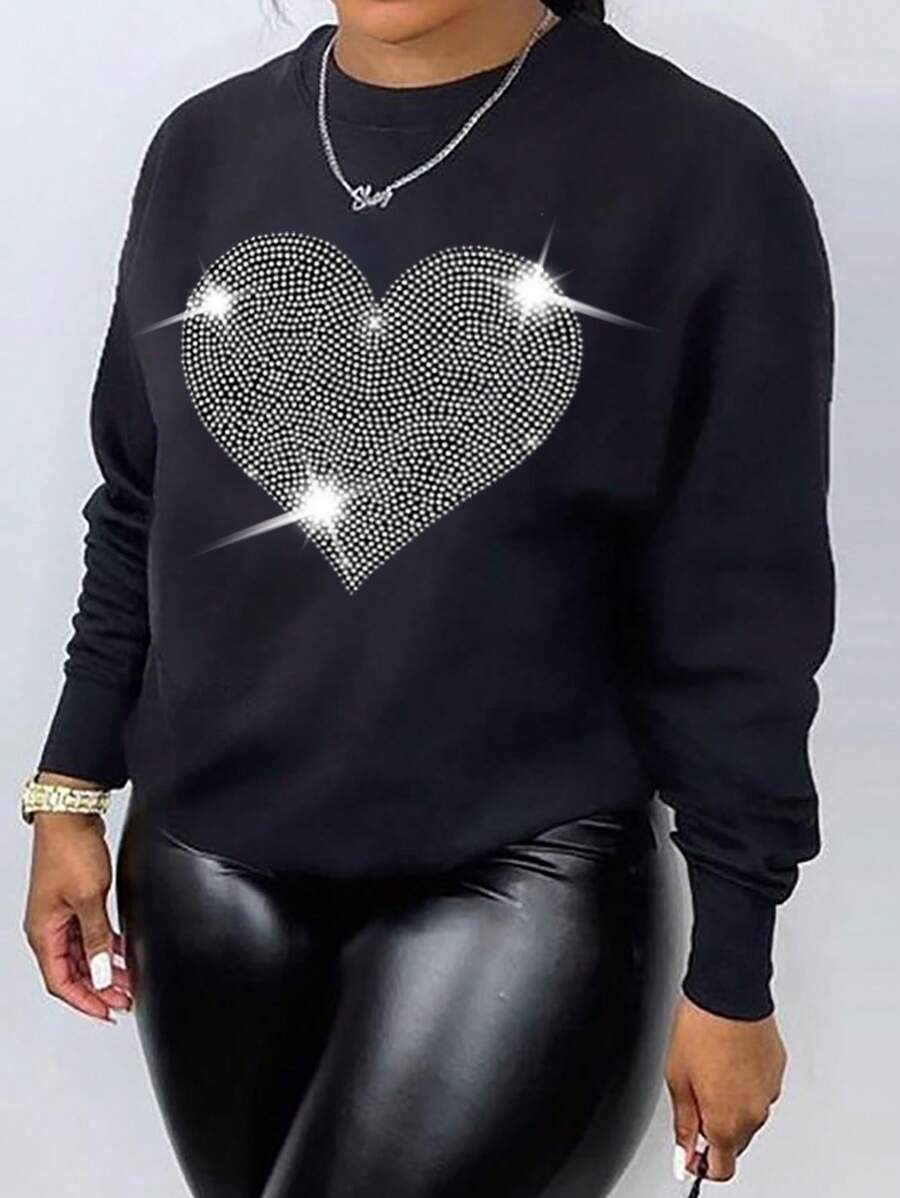 Maweii Kích thước lớn Của phụ nữ Tim In Áo nỉ Với Kim cương giả Nghệ Embellished Tròn Đường viền cổ áo - màu đen - Xem 1
