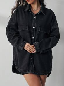 SHEIN EZwear Denim Jacket With Flap Pockets And Drop Shoulder