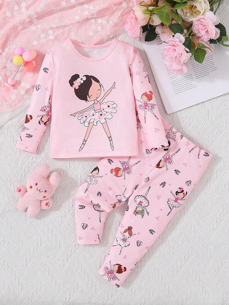 SHEIN Em bé Cô gái Vừa Khít Dễ thương Cô gái múa ba lê In Màu hồng Tay áo dài Áo thun Và Quần Bộ Đối với Đơn giản Và Giải trí Đồ ngủ - Hồng - Xem 1