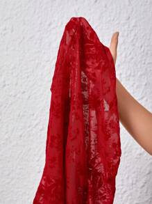 SHEIN Privé Women's Lettuce-Trim Plush Mesh Top - Red - View 6