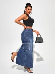 SHEIN SXY Tillbaka Slits Cargo Denim Kjolar - Mörktvätt - Visa 5