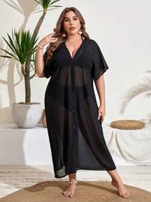 SHEIN Swim Curve 加大尺碼女士長短袖和服連衣裙音樂節 - 黑色 - 查看 5