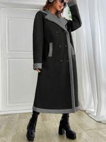 SHEIN EZwear Women Daily Wear Colorblock Leather Long Coat - Black - View 5