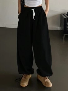 DAZY 抽绳腰斜口袋运动裤宽松裤秋冬女式慢跑裤 - 黑色 - 查看 2