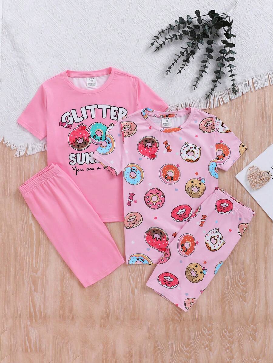 SHEIN Leap Crew Tween Girl Snug Fit Sports Street Fashion Knitted Round Neck Short-Sleeved T-Shirt And Trousers Set Of Two Pieces And Four Pieces - Multicolor - View 1