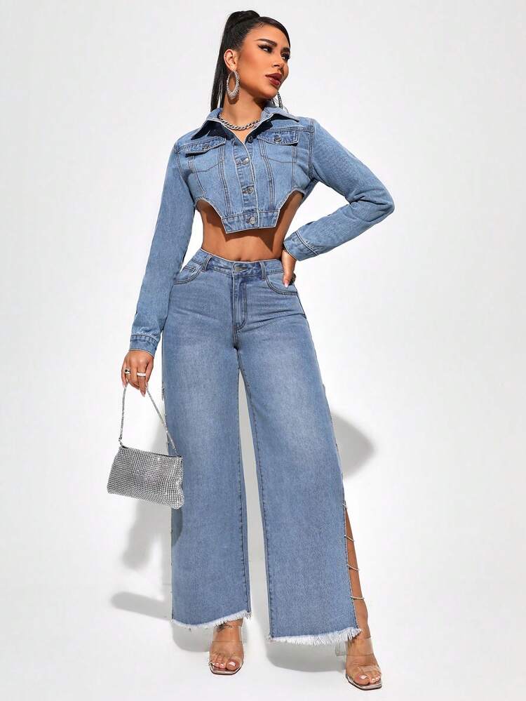 Women'S Asymmetrical Hemline Denim Top
