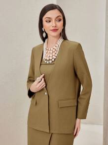 Modelyn 收口蕾絲細肩連身裙及單排釦外套套裝 - 卡其色 - 查看 4