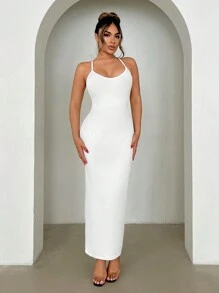 SHEIN SXY Vestido De Mujer Con Cuello Halter Descubierto Y De Un Solo Color Para El Día De San Valentín, Una Primera Cita, Ropa De Primavera Para Mujeres, Vestido De Cumpleaños, Traje De Fiesta De Soltera, Vestido De Cóctel, Vestido Corto De Noche - Blanco - Ver 4