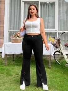 SHEIN EZwear Women's Plus Size Solid Colored Heart-Shaped Decorated Split Flare Pants - Black - View 4