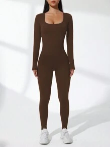 Easithlete Slim Fit Ribbed Long Sleeve Jumpsuit,Brown Set. Brown Bodysuit. - Coffee Brown - View 5