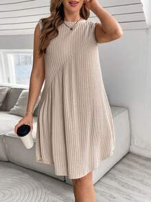 SHEIN LUNE Kích thước lớn Màu thuần Đồ đan Ribbed Vòng cổ Đầm Áo len - Màu be - Xem 6