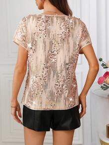 SHEIN Clasi 有刻痕領頸蝙蝠袖亮片上衣復活節女裝連身裙 - 香檳色 - 查看 2