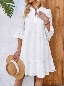 EMERY ROSE Women's White Hollow Embroidered Notch Collar Multi-Layer Split A-Hem Dress For Spring