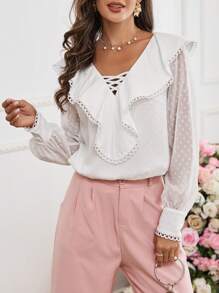 SHEIN Privé Women's Ruffle Hem Criss-Cross Neckline Shirt - Beige - View 5